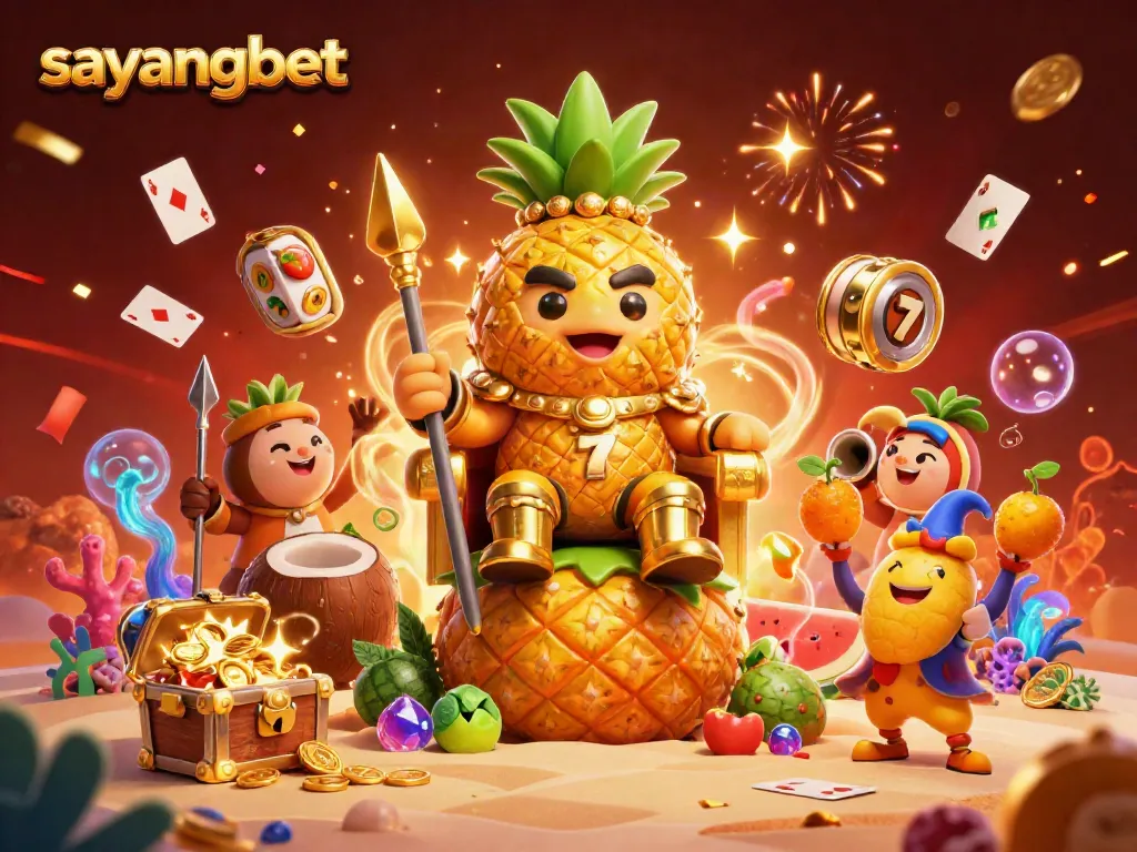 Experience the vibrant world of sayangbet with a golden pineapple king and dynamic casino elements.