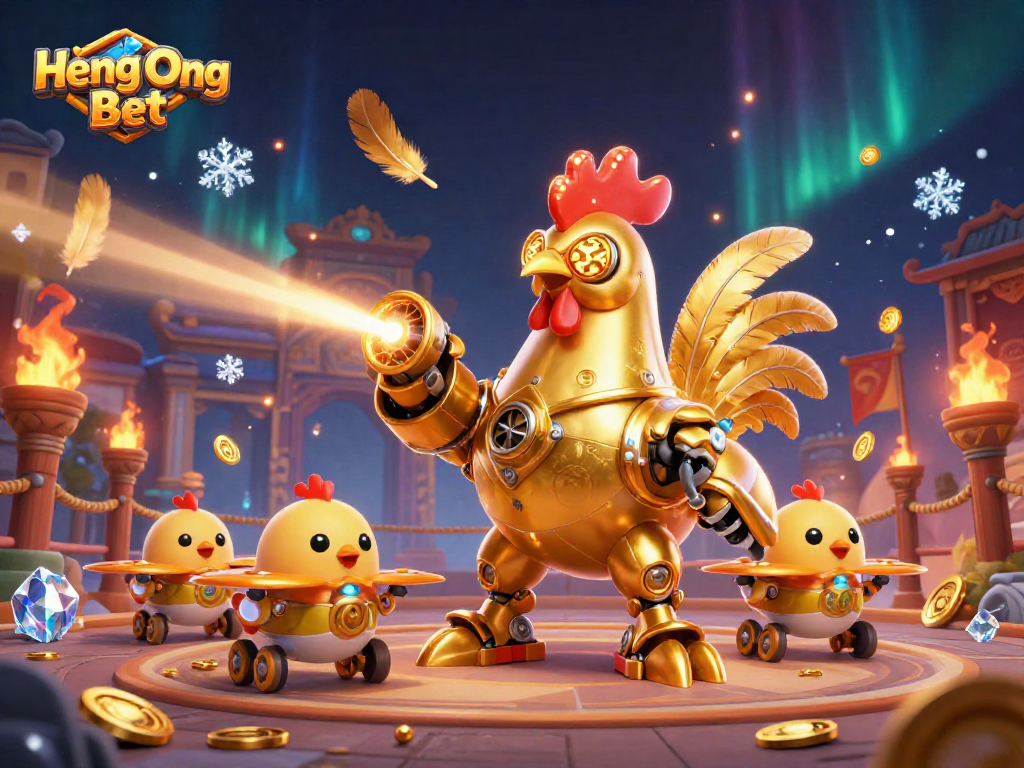 Experience thrill with Heng Ong Bet in this vibrant 3D casino illustration featuring a golden rooster robot.