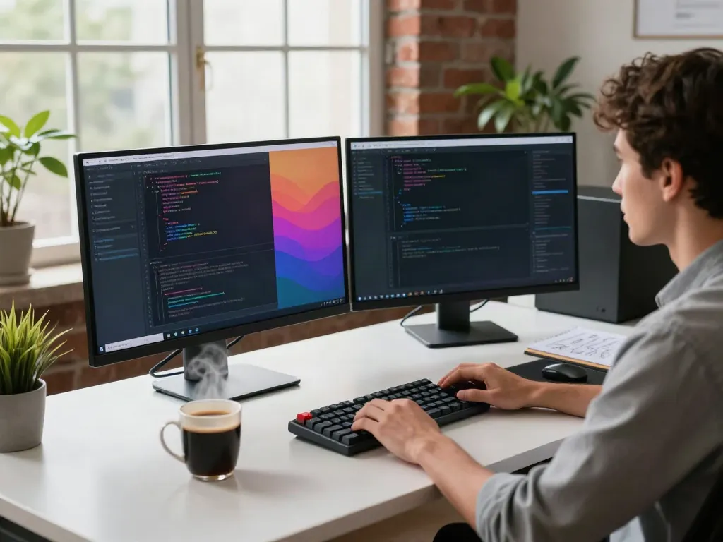 Brave developer coding on dual monitors in a modern tech workspace