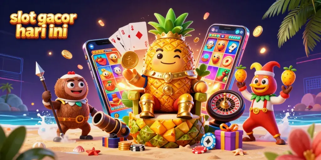 Experience thrilling action in slot gacor hari ini with a vibrant casino scene featuring a golden pineapple king.