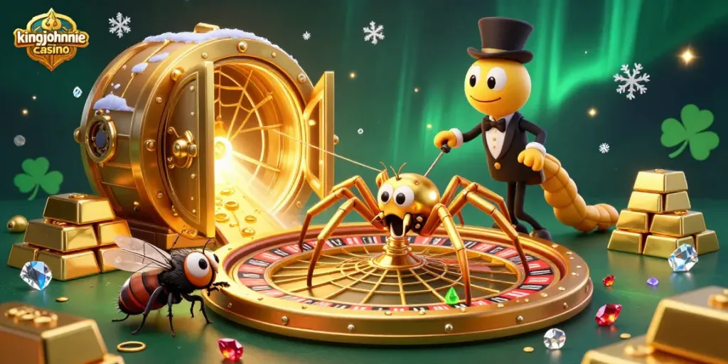 Engage with kingjohnnie casino's fun 3D scene featuring a golden spider, betting fly, and centipede croupier.