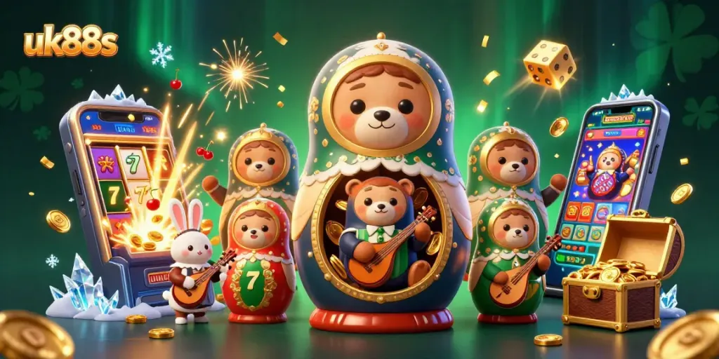 Experience uk88s casino excitement with vibrant 3D characters revealing jackpots and festive elements.