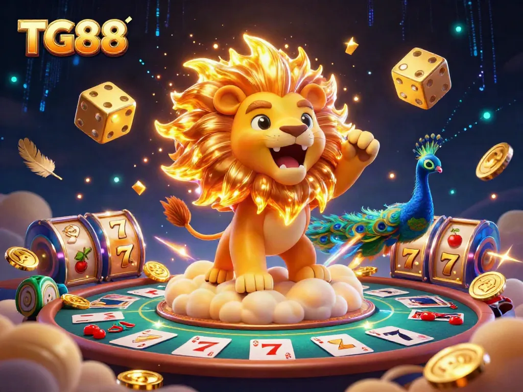 Experience thrilling gaming with TG88's 3D casino elements featuring vibrant slots, dice, and lively cards.