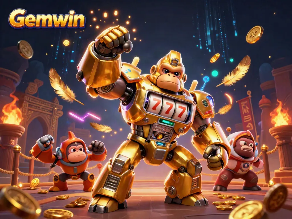 Engage with the Gemwin scene featuring a mech gorilla immersed in an epic casino showdown.