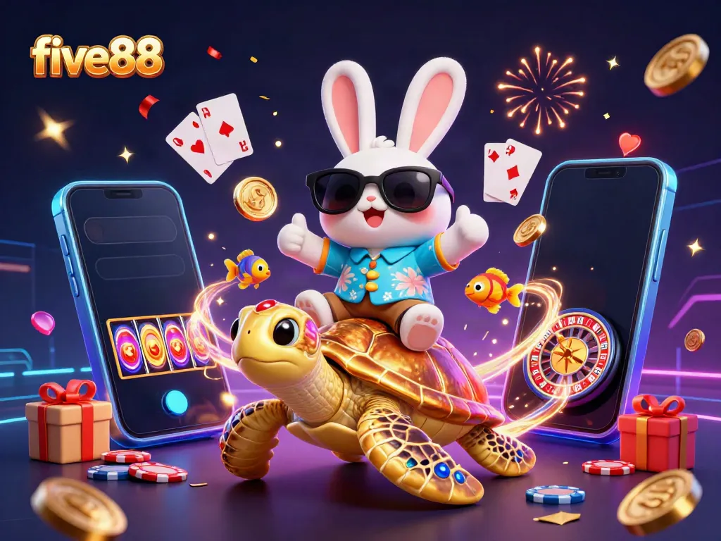 Experience big wins with vibrant five88-themed 3D casino illustration featuring lucky rabbit and golden turtle.