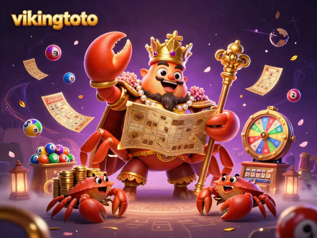 Engage in thrilling gameplay at vikingtoto with dynamic 3D visuals of game elements and a golden crab emperor.