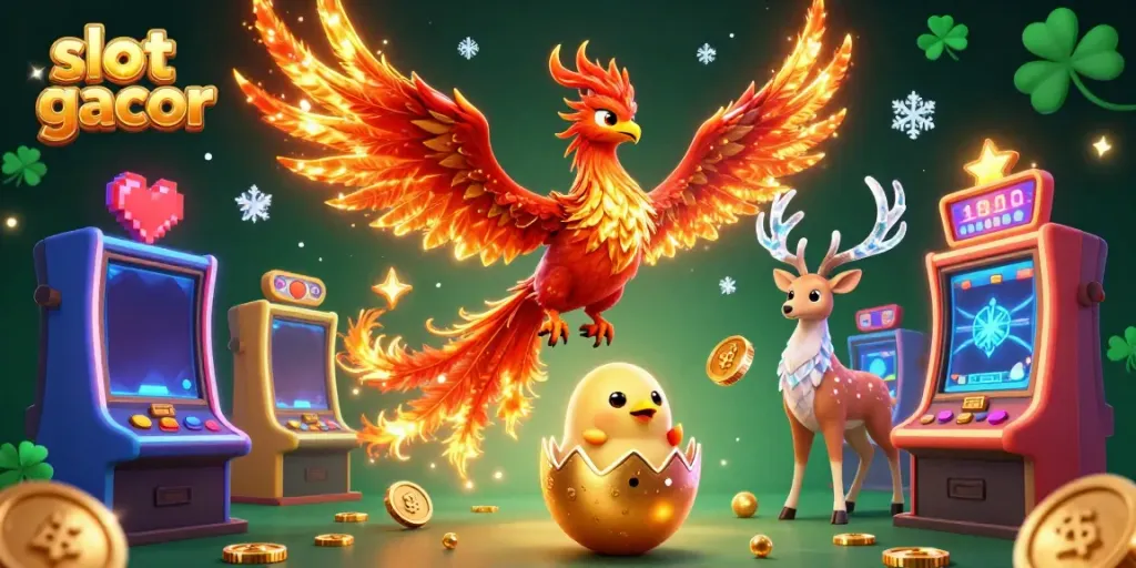 Experience slot gacor excitement with a phoenix and mystical stag in a vibrant casino atmosphere.