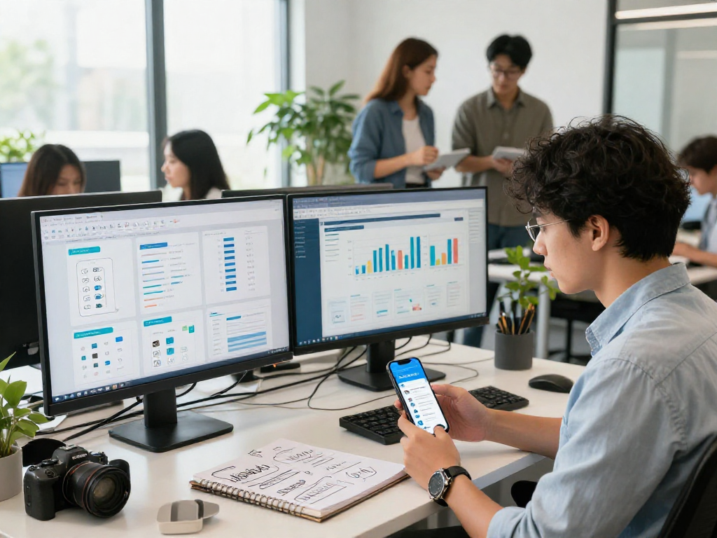 Marketing professional analyzing metrics to purchase app downloads in modern office workspace