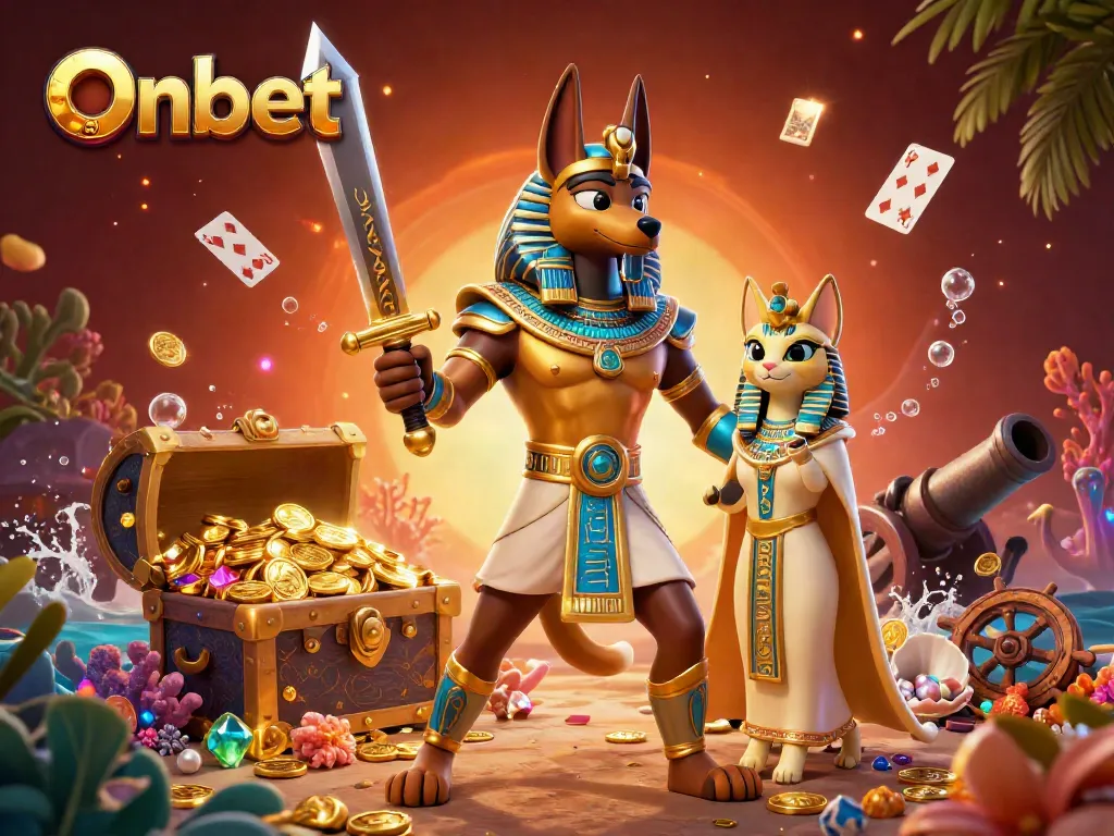 Onbet showcases an exciting 3D scene with Anubis and Bastet amid rich gaming elements like treasure and cards.