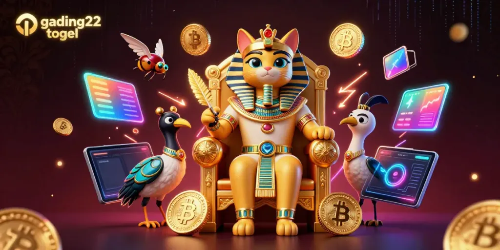 Engage in gading22 togel with a 3D Egyptian cat pharaoh on a golden throne, crypto coins, and vibrant energy.