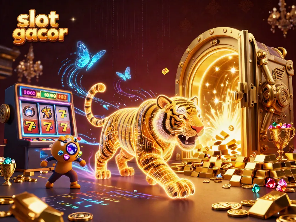 Explore the vibrant world of slot gacor featuring a neon-wireframe tiger in a digital casino.