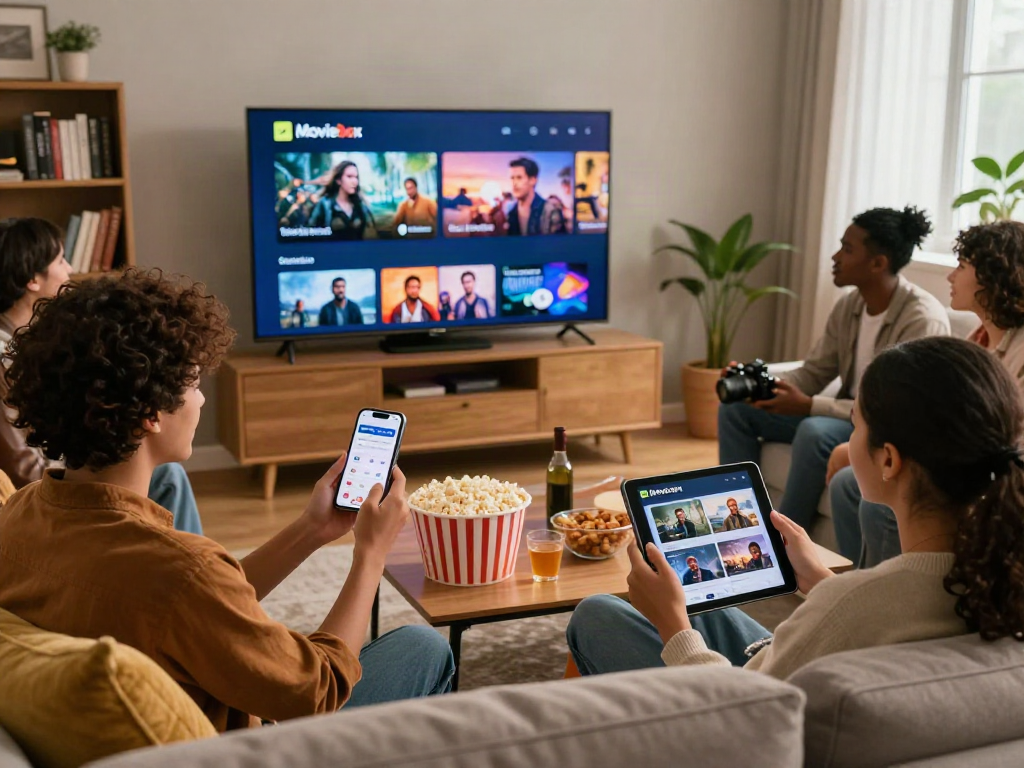 Friends enjoying a movie night with the Moviebox app while snacking in a cozy living room.