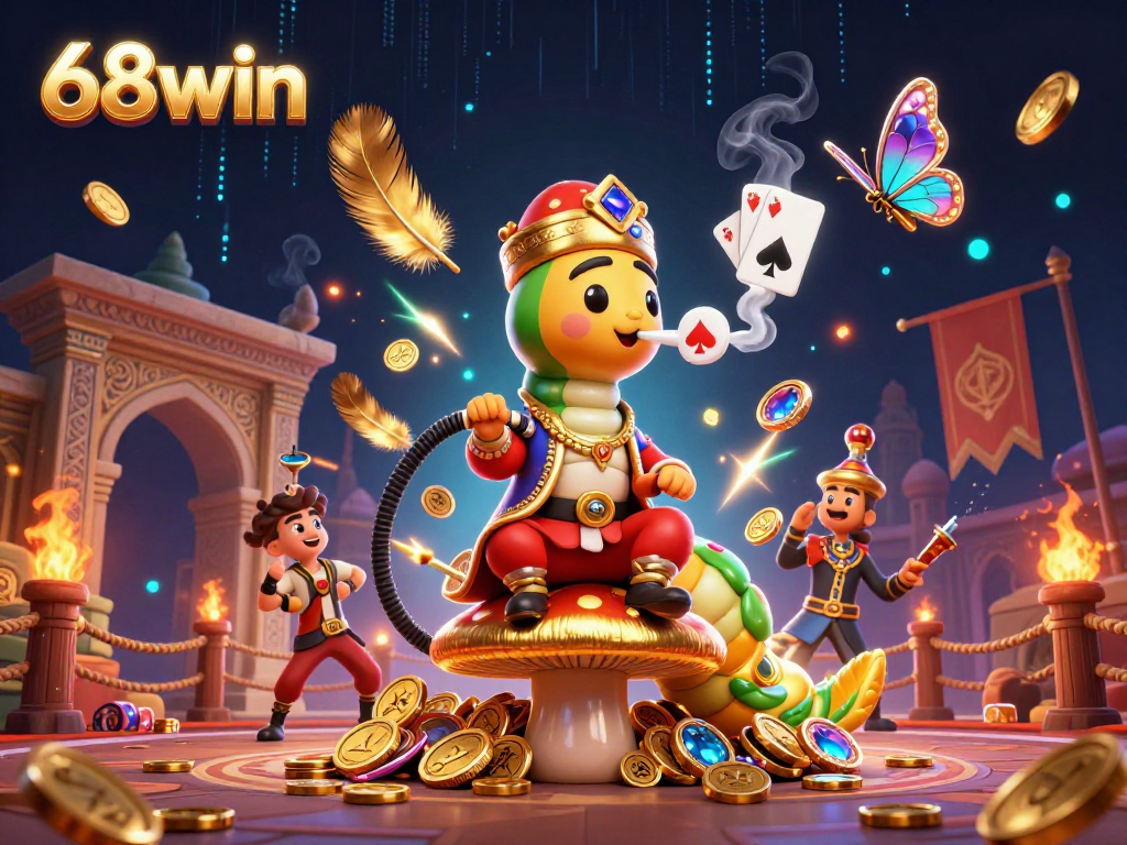 Experience thrilling gameplay at 68win with vibrant casino elements and a captivating caterpillar character.