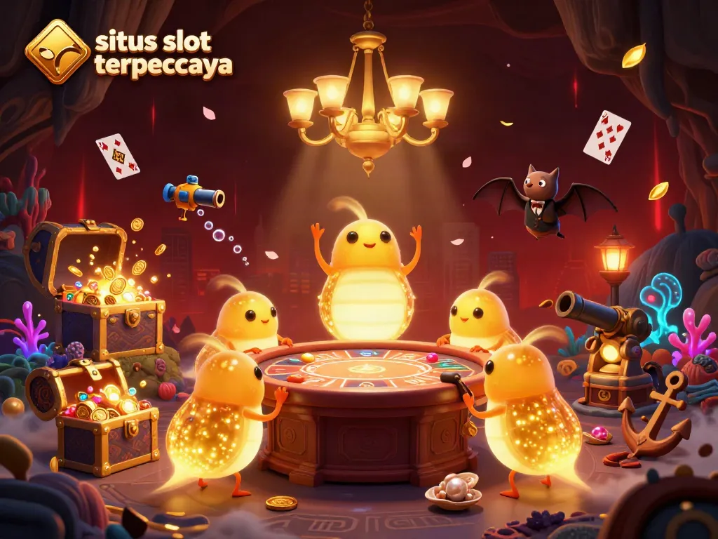 Situs slot gacor terpercaya vibrant scene featuring glowing glowworms lighting a casino and gold coins bursting from treasure chests.