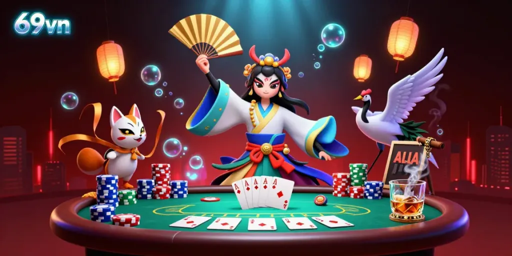 Engage with the vibrant online casino scene of 69vn showcasing a kabuki warrior and kitsune, poker elements and dynamic energy.