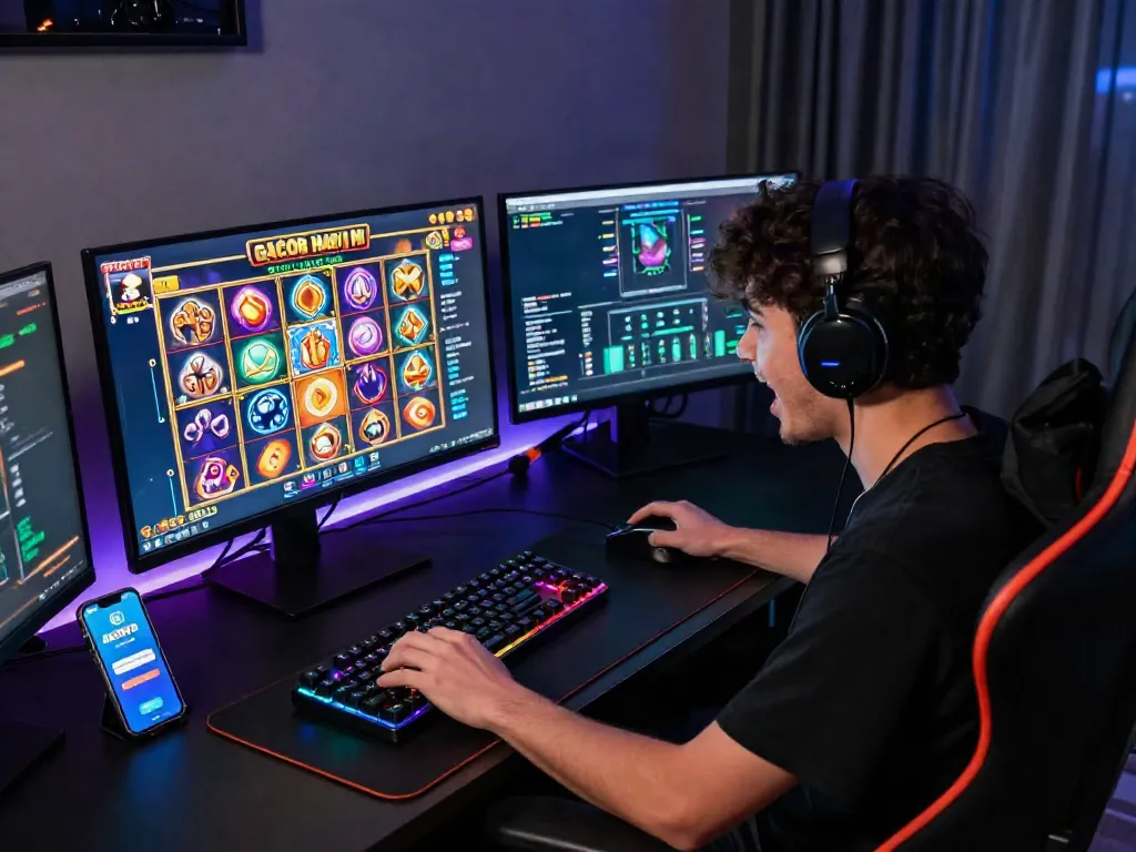Exciting gaming setup showcasing slot gacor hari ini with vibrant visuals and essential gaming accessories.