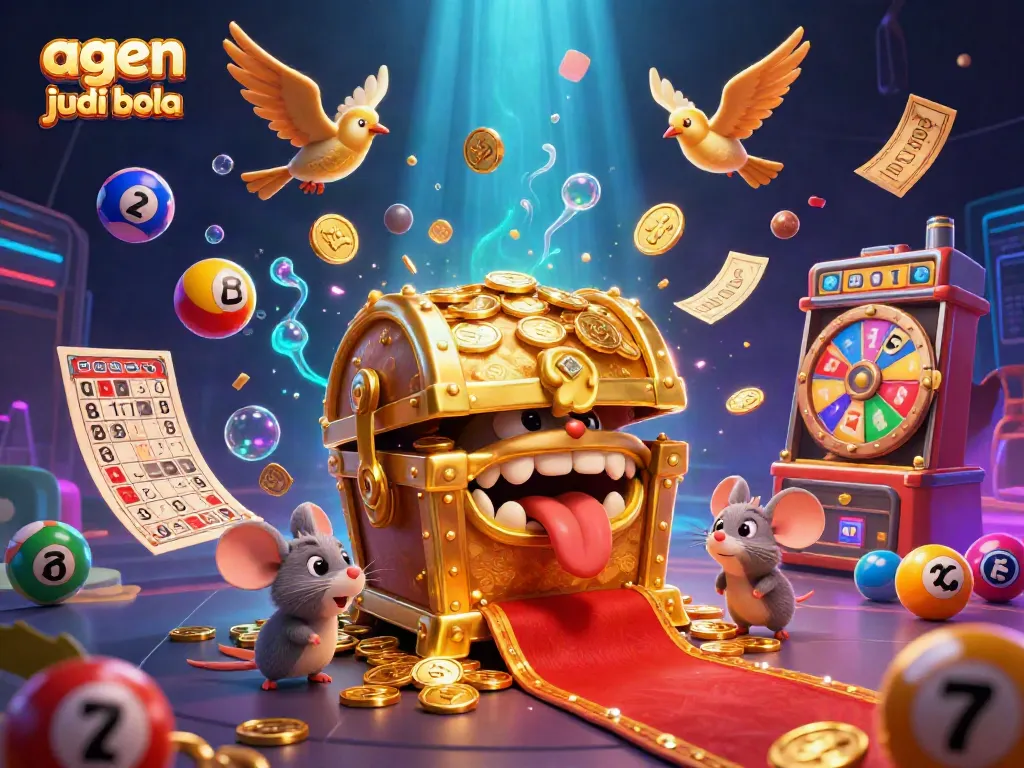 Engage in thrilling agen judi bola action with vibrant lottery balls and a treasure chest of riches.
