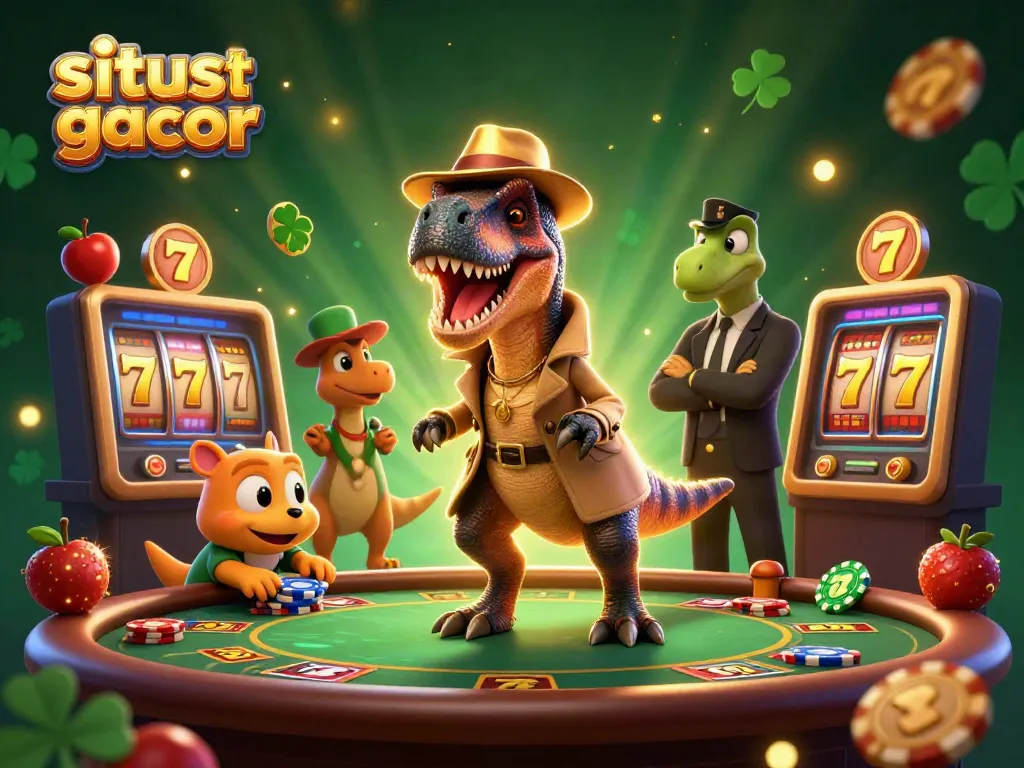 Engage with situs slot gacor as a velociraptor card counter navigates a busy casino setting.