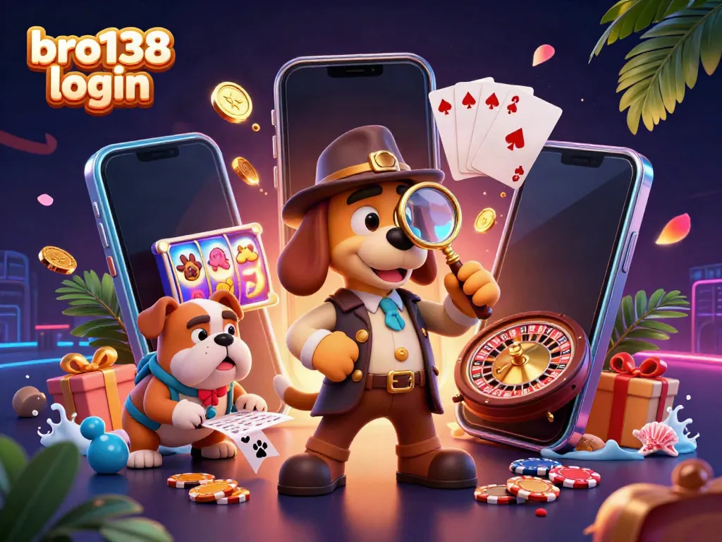 Engage with bro138 login to unlock winning strategies in a vibrant casino-themed illustration.