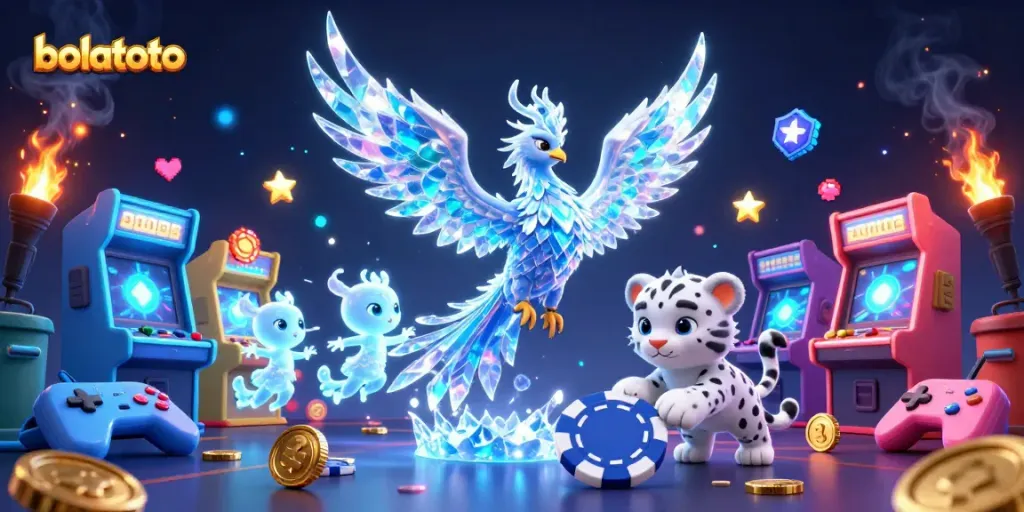 Win big at bolatoto with a vibrant illustration of a phoenix and playful elements in a casino setting.