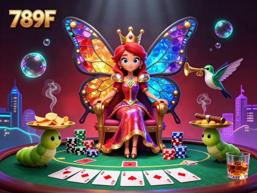 Enjoy a 3D butterfly queen experience at 789F casino surrounded by vibrant poker elements and glowing effects.