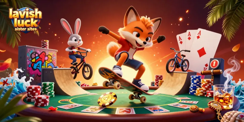 Experience the thrill of lavish luck sister sites with a colorful and dynamic casino-themed 3D illustration featuring playful casino elements.