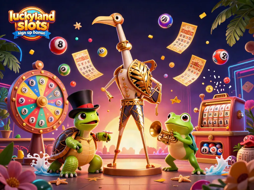 Play with the luckyland slots sign up bonus surrounded by vibrant gaming elements and characters in an exciting casino scene.