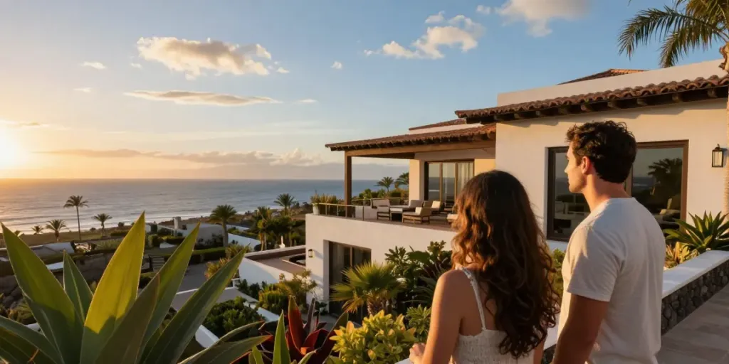 Couple admiring a luxurious villa in the Canary Islands, enjoying the sunset.