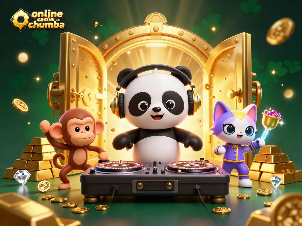 Spin and win at an online casino like Chumba with vibrant 3D characters and rich treasures.