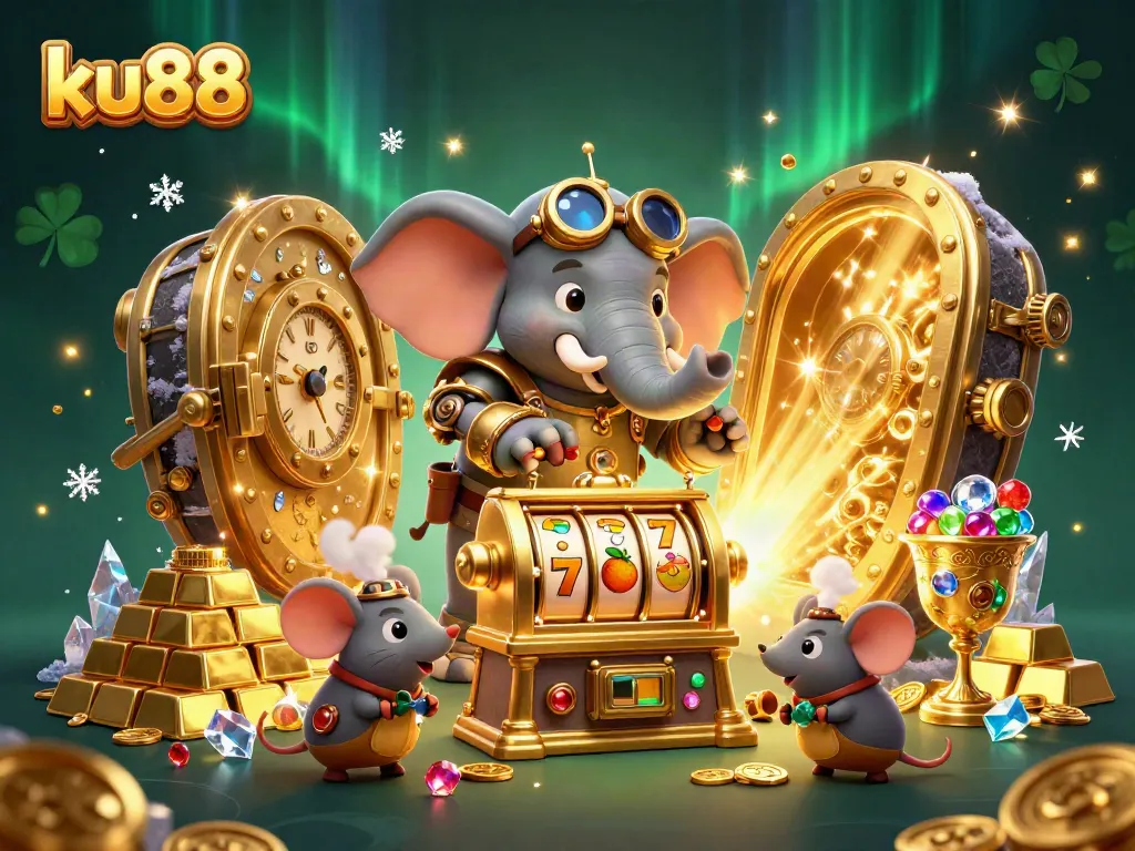 Experience the thrill of ku88 with 3D steampunk illustrations showcasing exciting slot game elements.