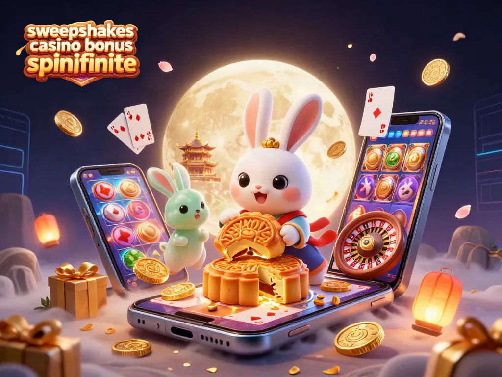 Engage with the sweepstakes casino bonus spinfinite through vibrant illustration of a moon rabbit and gaming elements.