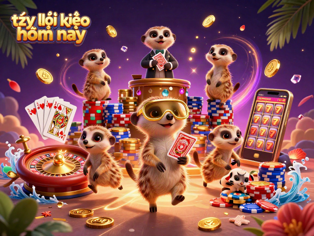 Engaging scene of a colorful casino operated by meerkats showcasing tỷ lệ kèo nhà cái hôm nay in dynamic action.