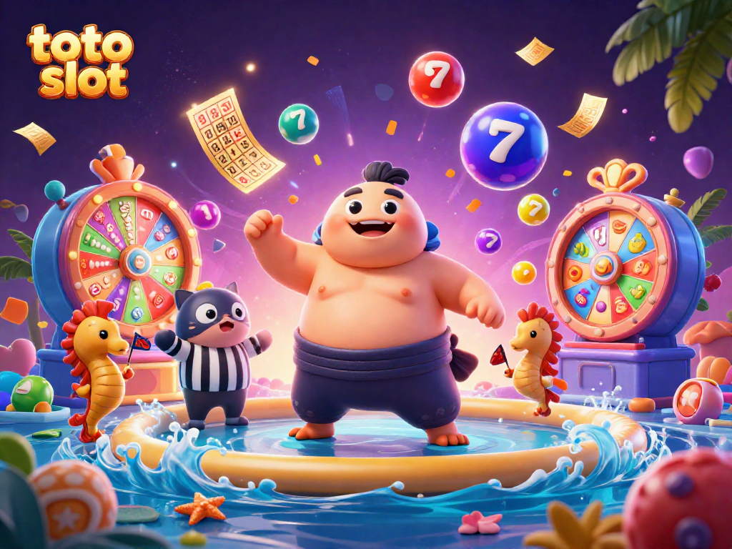 Gambarkan suasana seru toto slot dengan ikan fugu raksasa dan bola lotere berwarna.