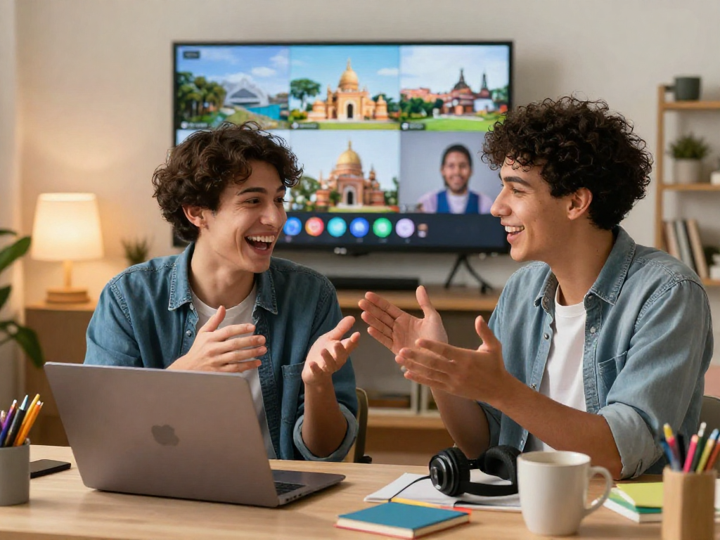 Engaging random chat on video call with two young adults laughing together in cozy settings.