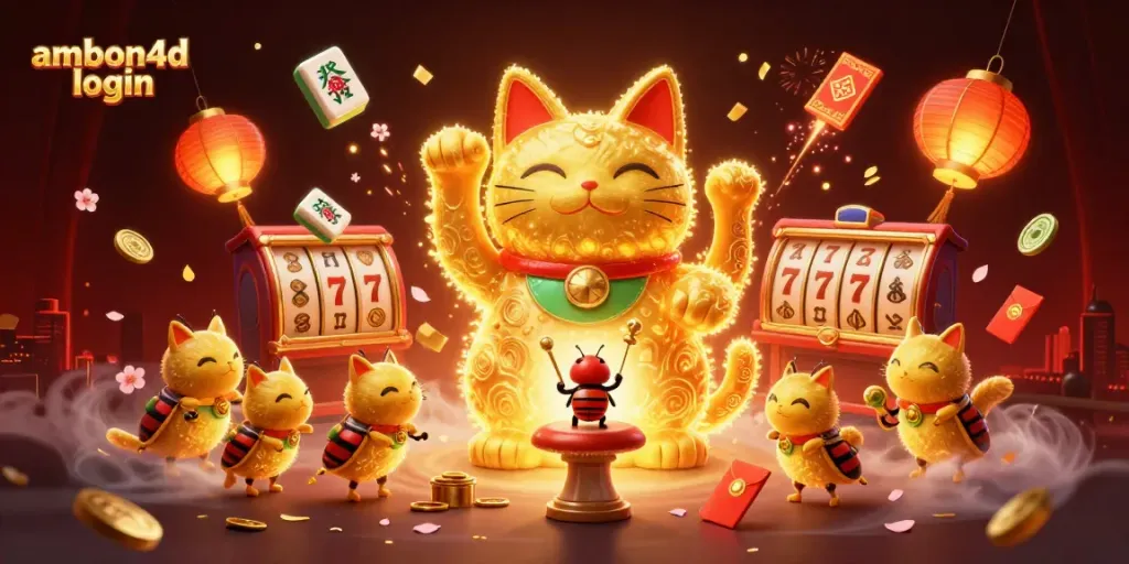 Experience the excitement of ambon4d login with our dynamic 3D casino scene featuring a lucky cat and vibrant slot elements.