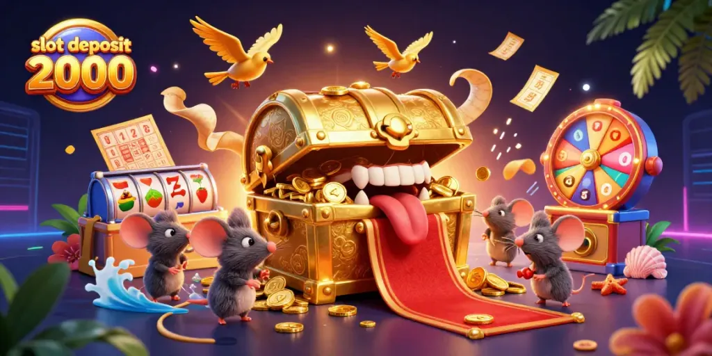 Experience thrilling excitement with slot deposit 2000 offerings in a vibrant 3D casino scene.