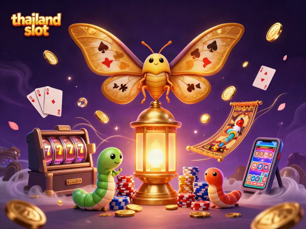 Play exciting thailand slot games with majestic golden moths and vibrant casino elements.