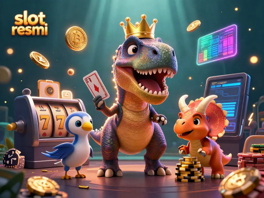 Experience the excitement of slot resmi with a playful T-Rex shuffling cards and friends in a dynamic casino scene.