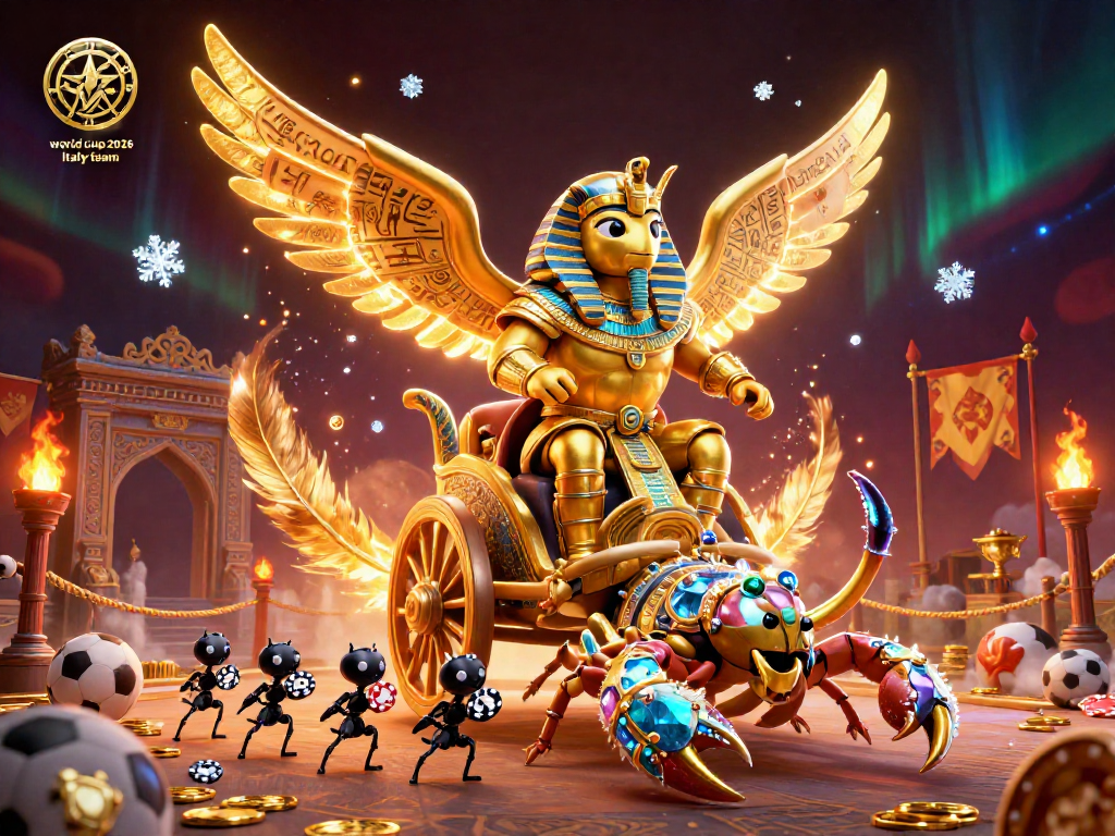 Bet on the world cup 2026 italy team in an animated scene featuring a golden scarab chariot surrounded by sports elements.