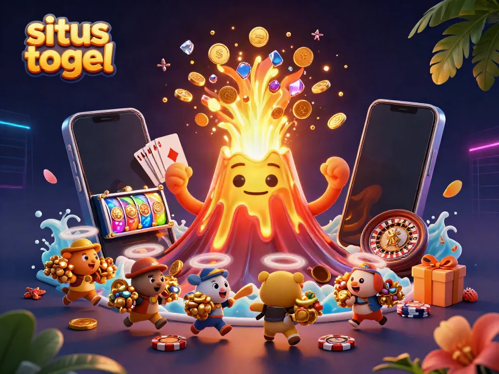 Experience exciting situs togel action with vibrant treasure-themed 3D illustration featuring a golden volcano.