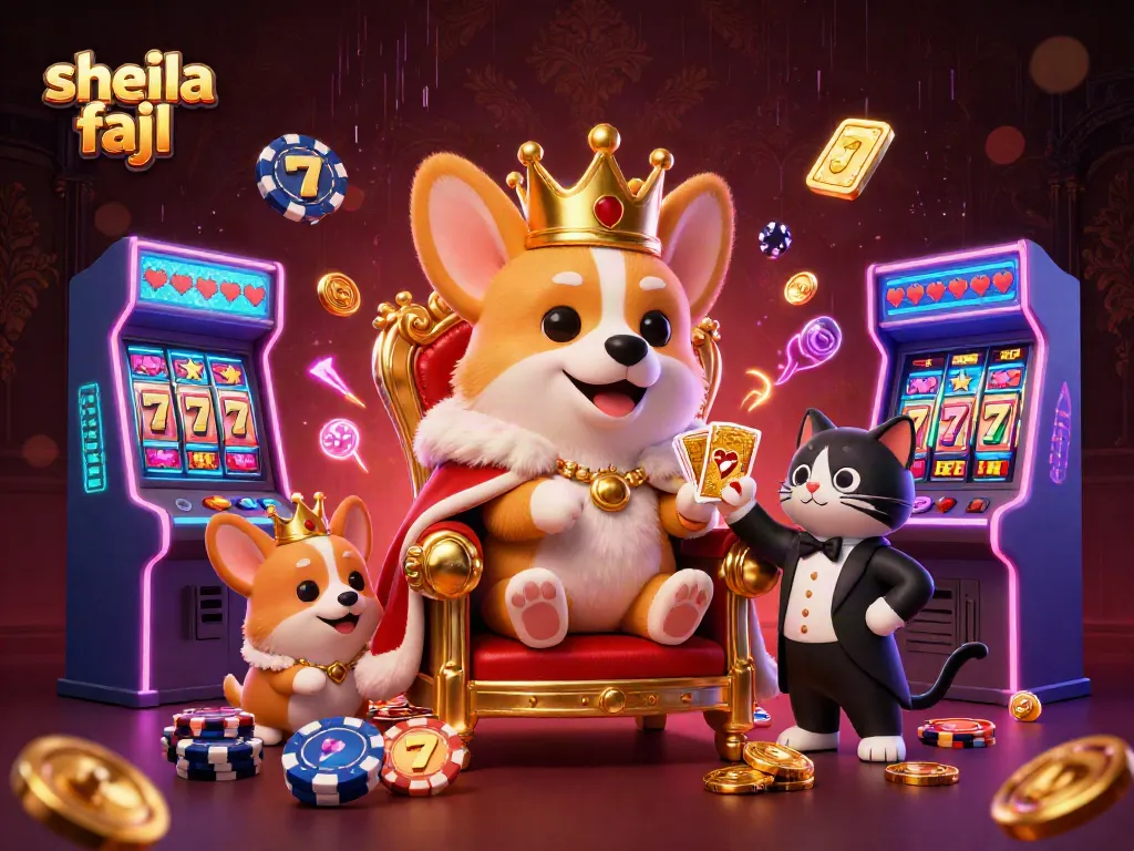Engage with Sheila Fajl's vibrant gambling scene showcasing a royal corgi on poker chips.