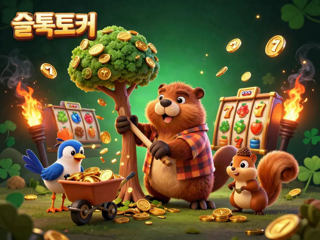 Experience exciting slot games with 슬롯토커's vibrant scene featuring a beaver, squirrel, and bird celebrating golden wins.
