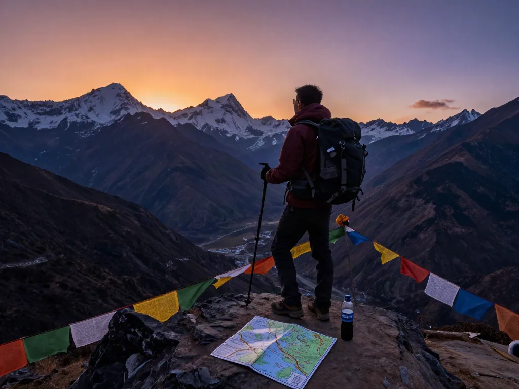 Trek to Manaslu Circuit showcasing a traveler at sunset with mountain views, hiking gear, and prayer flags, highlighting the adventure.