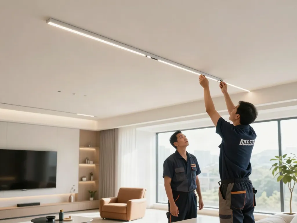 Instalarea sinei magnetice încastrate de către un profesionist în servicii locale, oferind iluminat modern.