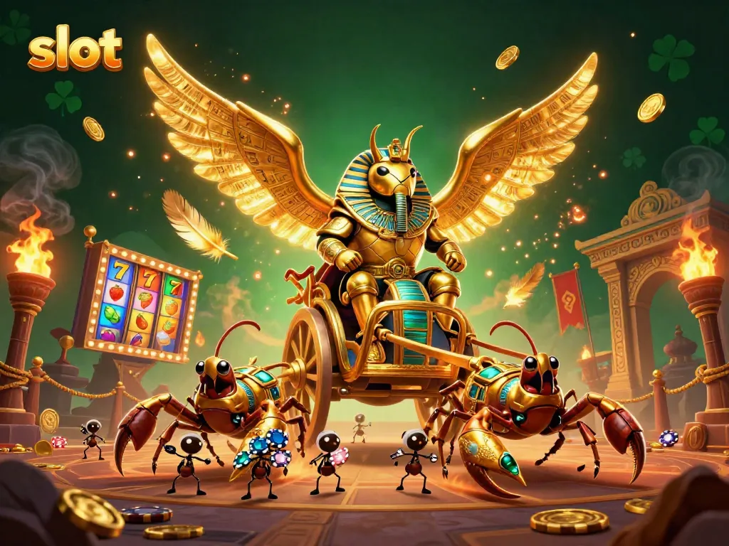 Mendapatkan jackpot slot dengan 3D kartun scarab berwarna emas dan simbol buah mengelilinginya.
