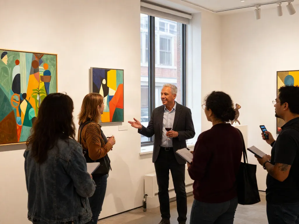 Bruce Bailey Toronto engaging with artists in a contemporary gallery.