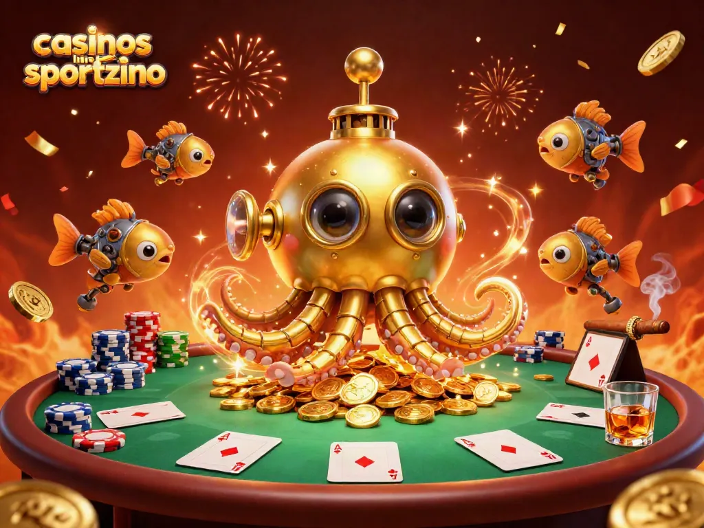 Engage in thrilling games at casinos like Sportzino with the exciting golden kraken submarine and poker elements.