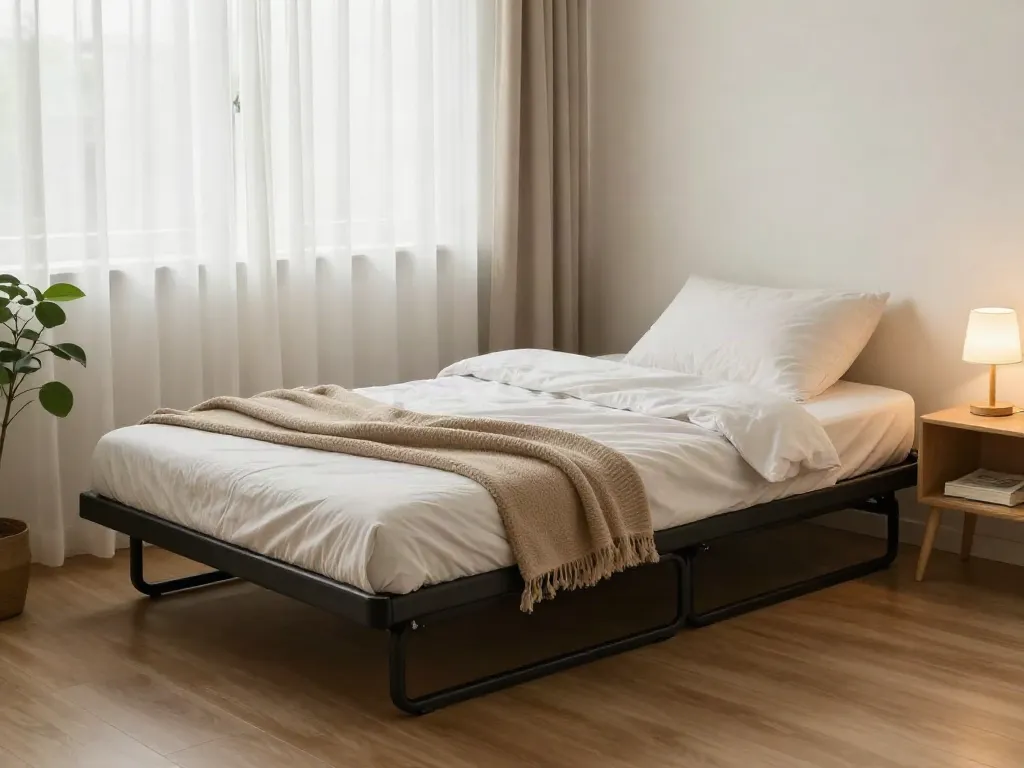 Cozy interior with a fold up bed, highlighting comfort and style.
