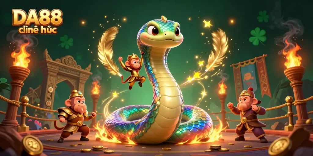 Experience the thrilling scene of DA88 chính thức with a vibrant rainbow serpent and a monkey king in dynamic casino action.