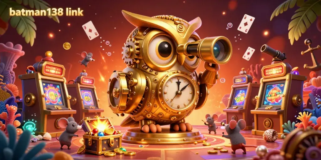 Engage with the batman138 link in this vibrant 3D casino scene showcasing an owl, mice patrons, and treasure.